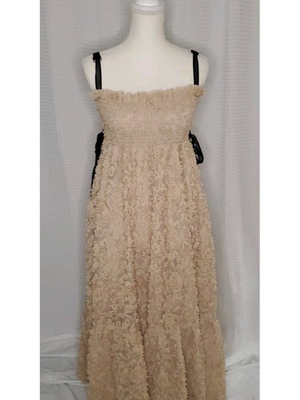 Urban Outfitters Maxi Dress Sz Small Smocked 3- D Flowers Lace Up Bow Side Sheer